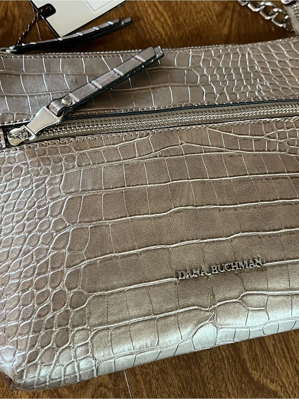 Dana Buchman Women’s Metallic Champagne Faux Leather Zip Chain Crossbody Bag NWT